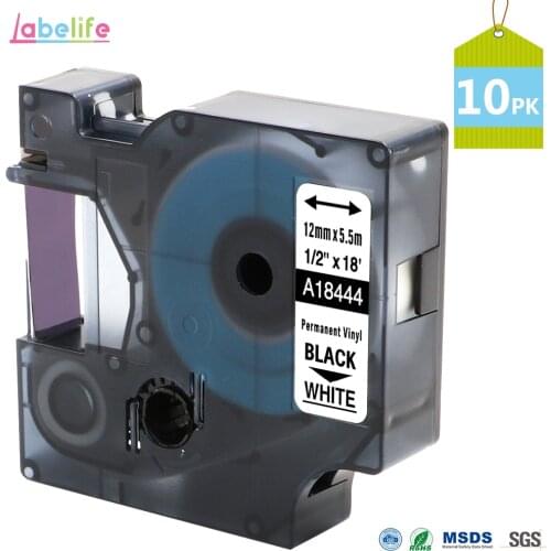 Labelife 10 Pack 18444 Black/White for DYMO Rhino IND Vinyl Label Rhino 12mm Label Tape Industrial Cartridge for Label Printer
