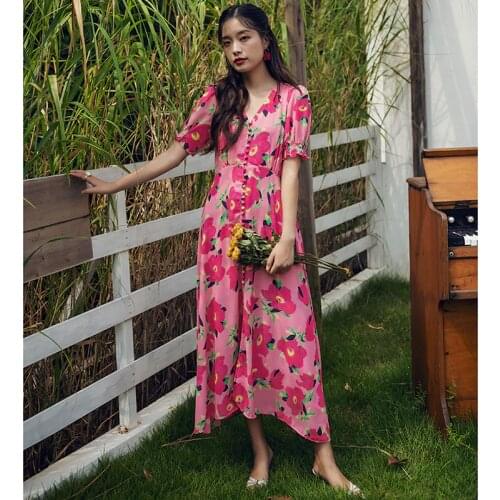 Summer 2020 Floral Print Women Chiffon Dress Long Elegant Bohemian Party Runway Vestidos Tropical Vacation Beach Dress Korean