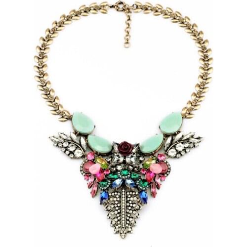 Bulk Price 2014 Newest Statement Antique Glass Stone Leaves Red Rose Pendant Necklace For Women