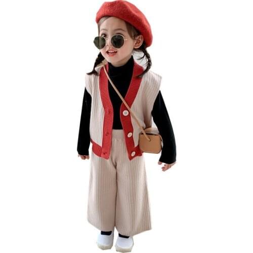2021 New Sweet Cute Color Patchwork Color Vest Cardigan Girls Solid Casual Wide Leg Pants Two Piece Set Childrens Autumn Suit