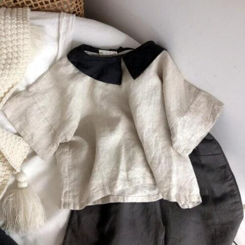 2021 new girls boys shirt cotton linen summer short sleeve kids top