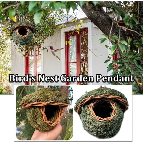 Handmade Bird Hut Natural Grass Knitting Hanging Bird Nest Roosting Pocket Ornament for Tree Home Finch Canary
