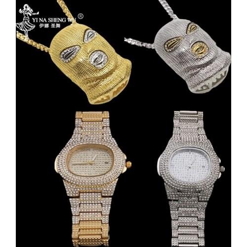 Luxury Men Gold Rhinestones Watch Necklace Combo Set Iced out Cuban Watch&GOON In Crystal Necklace Chain Cz Bling Rapper Jewelry