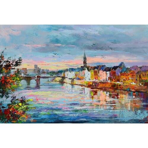 Abstract art Canals Landscapes oil paintings Willem Haenraets View on Wyck Maastricht Modern artwork Village scene hand painted