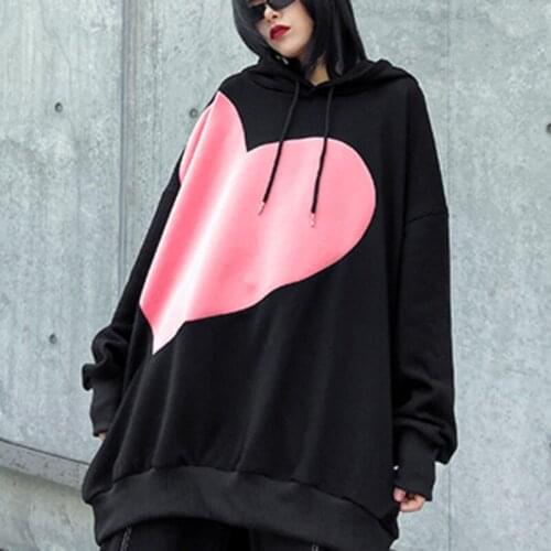 XUXI Spring Autumn 2020 Oversize Sweater Women Loose Hooded Streetwear Pullovers Fashion Heart Printing Long Sleeve FZ3450