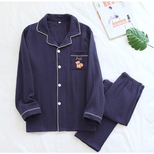 Spring Double-layer Cotton Yarn Pajamas Long Sleeve Couple Sleepwear Solid Color Plus Size Men and Women Two Piece Home Clothing