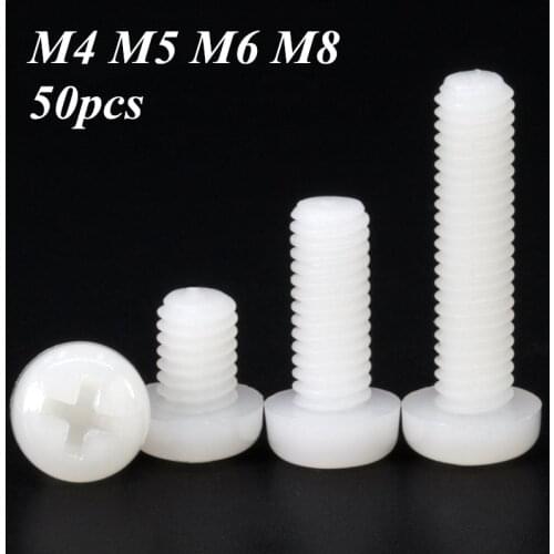 50pcs White Nylon Screw M4 M5 M6 M8 Metric Threaded insulation Plastic Pan Head Cross Round Bolt length 6mm-60mm