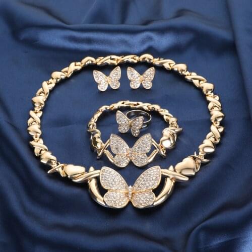 Womens Jewelry Set Wedding Party Butterfly CZ Crystal Necklace Earrings Bracelet Ring High Quality Indian Gold Jewelry Set
