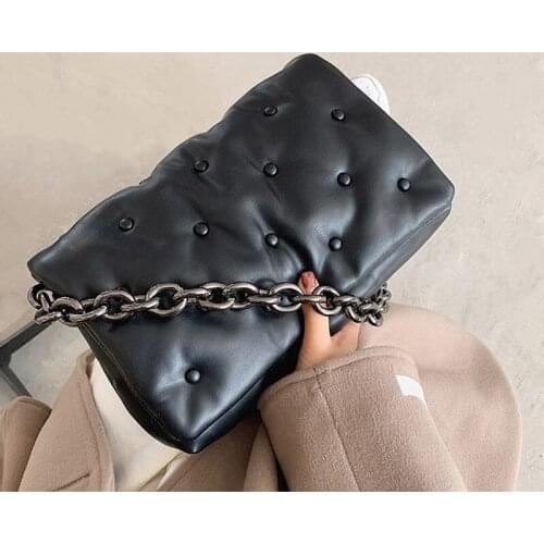 PU Leather Shoulder Bag for Women 2021 Denim Thick Metal Dot Chain Fashion Clutch Bags Lady Hobo Baguette Bag Purses and Handbag