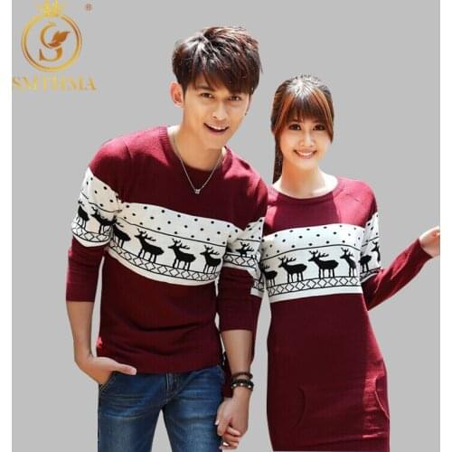 SMTHMA 2021 New Winter Runway Mens /Women Long Sleeve Wine Red Pullovers Matching Deer Couple Christmas New Year Sweaters