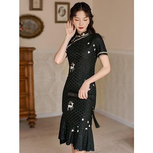 2021 Summer New Womens Chinese Style Retro Half High Collar Ethnic Style Temperament Thin Cheongsam Dress Black Fishtail Dress