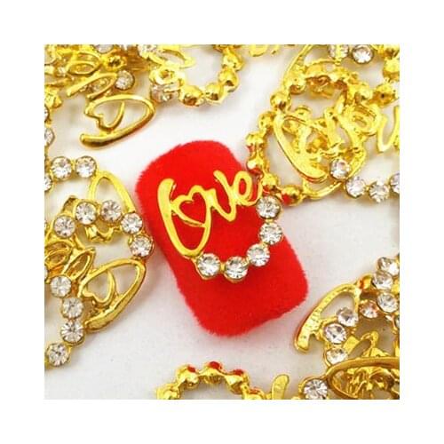 10pcs hotsale big size gold LOVE word with glitter rhinestones 3d nail art accessories for Valentines day nail supplies