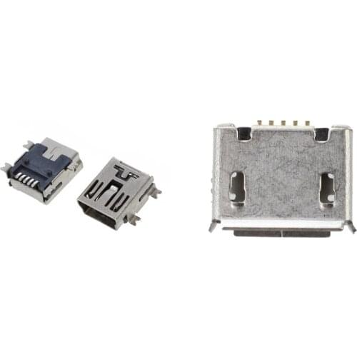 10 Pcs Mini USB 5 Pin Female Socket DIY SMT Connector & 20 Pcs Micro-USB Type B Female Socket 180 Degree Soldering Jack