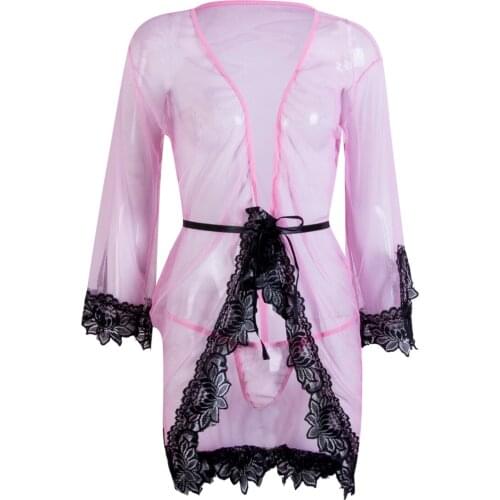 2Pcs Pretty Women Sexy Lace Lingerie Kimono Bath Robe Dress and T-back Underwear Set Sleepwear Nightgown Sleepshirts Size S-L