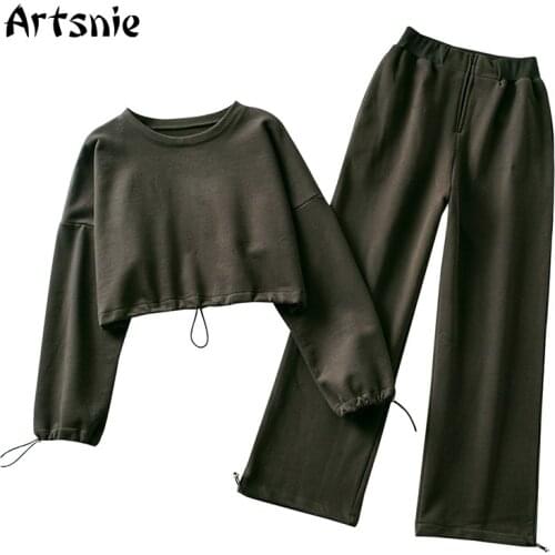 Artsnie Spring 2021 Fleece Two Piece Set Women Sweatshirt Wide Leg Pant Sportswear Suits Ladies Army Green Two Piece Set Outfits