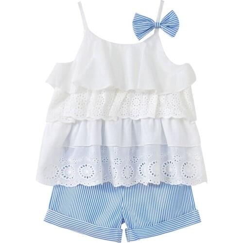 Kids Girl Clothes Fashion Sling Flower Bow Baby Girls Shirt + Stripe Shorts 2pcs Suit Children Clothing Sets
