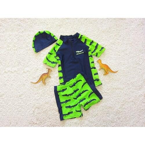 Dinosaur Kids Boys Two Pieces Swimming Diving Suit Swimwear Top + Pants + Hat Summer Beach Wear Swimsuit SA4018