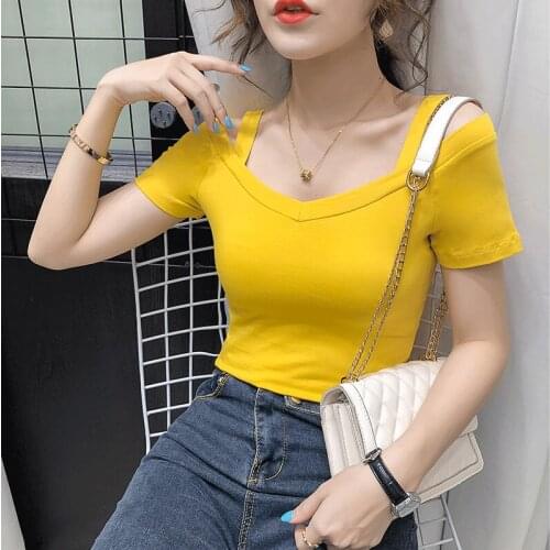 2021New V-neckKorean Pure Cotton T-shirts Girls Ladies Sexy Top Basic Shirts Tee off shoulder woman tshirts