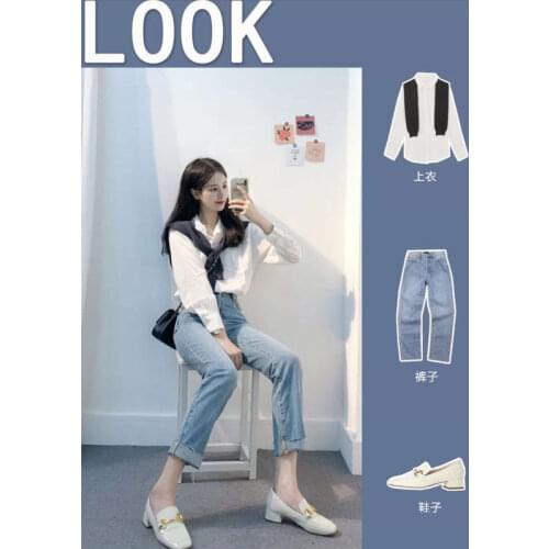 Womens Suit Spring New Korean Chic Long-sleeved Shirt + High-waisted Straight Jeans Two-piece Suit