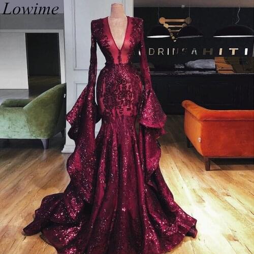 Gorgeous Burgundy Long Evening Dresses 2019 Mermaid V-Neck Long Sleeves Sequin Evening Prom Party Gowns Arabic Couture Illusion