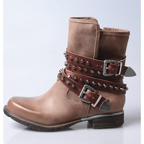 Genuine Leather Motorcycle Boots Female Autumn Vintage Rivet Punk Style Block Ankle Boots Design Women Cowboy Boots Plus Size 40