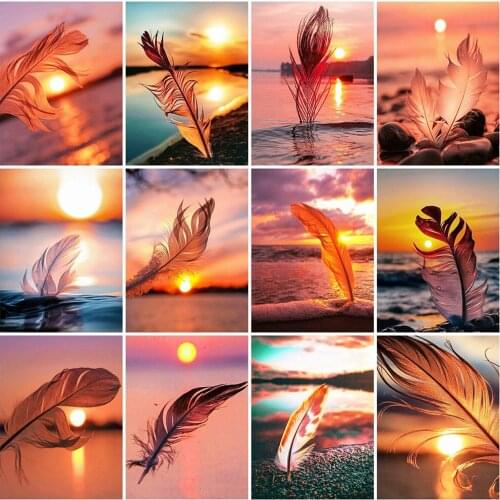 ZOOYA 5D DIY Diamond Painting Sunset Cross Stitch Kit Diamond Embroidery Feather Diamond Mosaic Scenery Picture Rhinestones Art