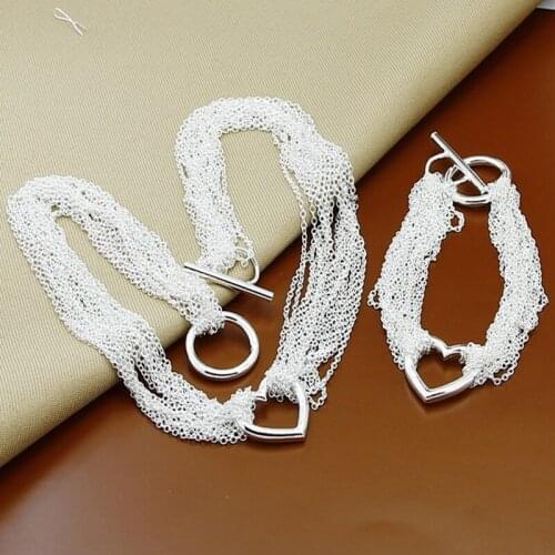 New Style 925 Sterling Silver Multi-Chain Heart-Shaped Necklace Bracelet Set For WomenS Wedding Engagement Party Fashion Charm
