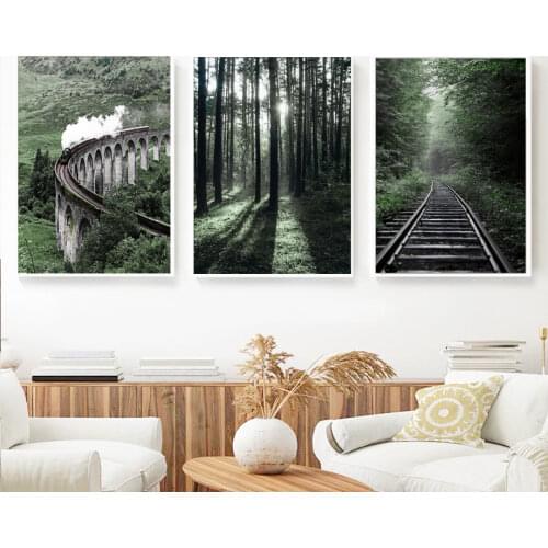 Rail Train Waterfall Lake Deer Forest Wall Art Canvas Painting Nordic Posters And Prints Wall Pictures For Living Room Decor