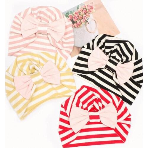 New Baby Hat Big Bowknot Baby Girl Hat Newborn Kids Infant Cap Cute Stripe Turban Headband Thin Section Knitted Polyester Cotton