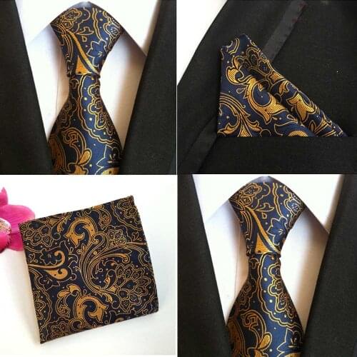 Men Blue Yellow Paisley Floral Silk Necktie Pocket Square Handkerchief Lot BWTHZ0080
