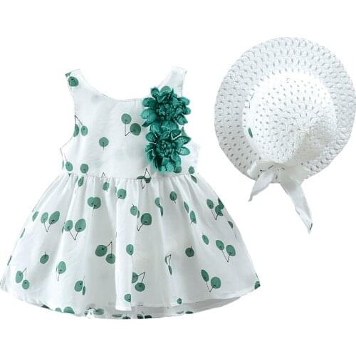 Baby Girls Dresses 2021 Summer New Childrens Clothing Fashion Sweet Baby Girl Two Flower Print Dress + Hat Child Baby Suit