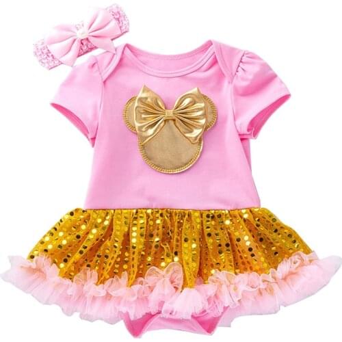 Golden Sequins Puffy Princess Dress for Baby Girl Short Sleeve Mouse Pattern Costume One 1 Year Birthday Crown Dress for Toddler