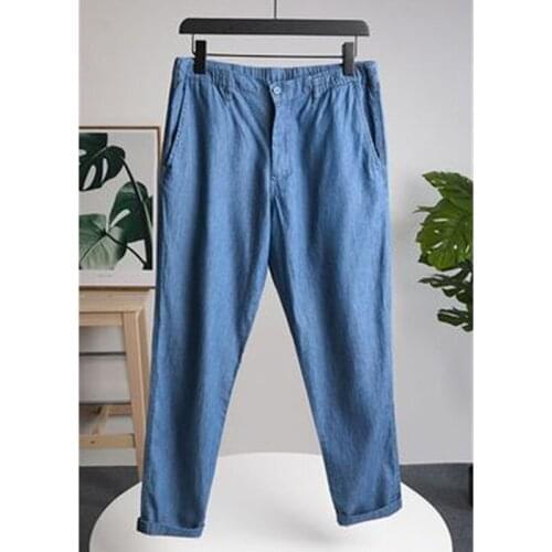 Blue Mens Jeans Pants Elastic Waist Comfortable Washed Cotton Denim Jean Trousers Full Length Retro Streetwear Pantalon Homme