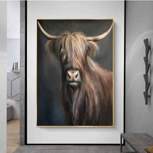 Modern Animal Cute Highland Cow Deer Head Canvas Paintings Art Posters and Prints Wall Pictures for Living Room Home Decoration