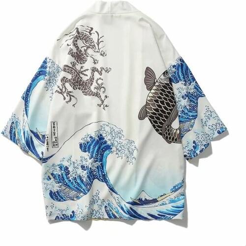 Jepanese Traditional Clothing Kimono Cartoon Carp Print Loose Cardigans Half Sleeve Casual Shirts Tops 2021 Summer