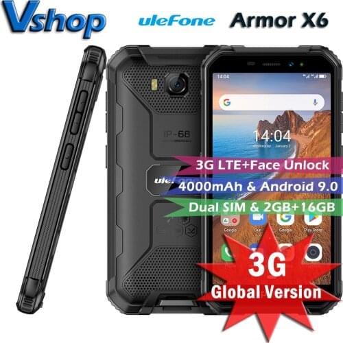 Ulefone Armor X6 3G LTE Mobile Phone 2GB+16GB ip68 MT6580 Rugged Waterproof Smartphone Android 9.0 Cell Phone Quad-core