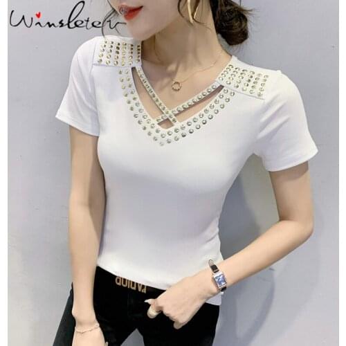 Summer Korean Style Solid T-Shirt Sexy Hollow Out Shiny Rivet Women Tops Short Sleeve All Match Bottoming Shirt Tees New T14302A