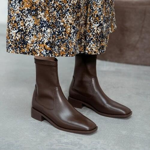 Ladies Retro Square Toe Block Heels Brown Black Chelsea Boots Women British Designer Leather Fashion Shoes Classics Ankle Boots