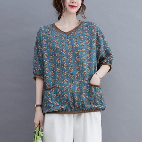 Women Cotton Linen Casual T-shirts New Arrival 2021 Summer Vintage Style V-neck Floral Print Loose Female Tops Tees B186