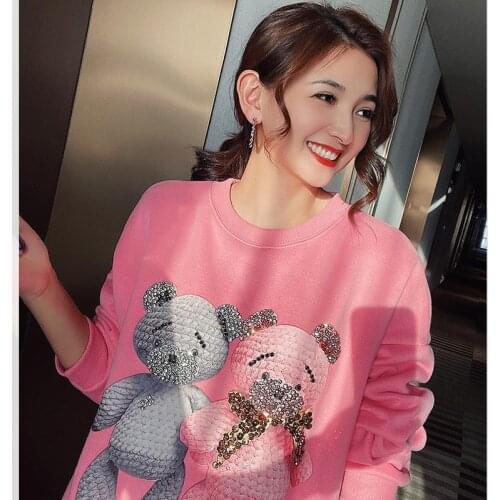 Plus Velvet Thickening Autumn Winter Women Sweashirt O-nck Pink Pullovers Top Long Sleeve Diamond Cartoon Bear Sweet Hoodies