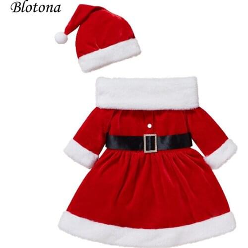 Blotona Little Girls Christmas Party Flannel Clothes Contrast Color Long Sleeve High-Waist Square Collar Dress+Hat +Scarf 6M-4Y