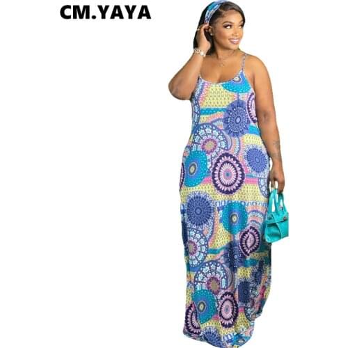 CM.YAYA Women Plus Size Dress Print Sleeveless Strap O-neck Loose Long Maxi Dresses Sexy Fashion Streetwear Summer Outfits 2021