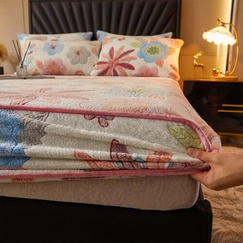 Winter Warm Flannel Elastic Fitted Sheet Mattress Protector Cover Print Floral Plush Super Soft Cozy Double Bed Bed Sheet