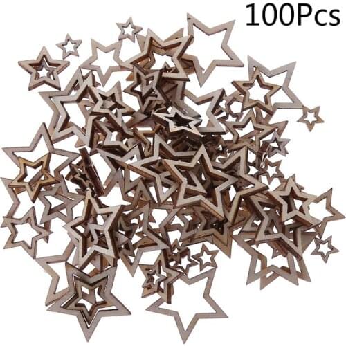 100Pcs/Bag Laser Cut Wood 1-3cm Mix Wooden Hollow Star Shape Craft Wedding Decor