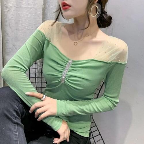 2021 Autumn Long Sleeve Womens T-Shirt Fashion Casual Sexy Mesh Patchwork Diamond Mesh Shirt Plus Size Women Clothing