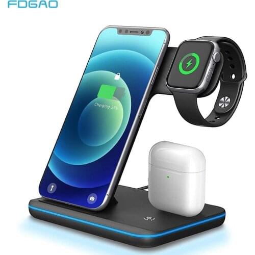 FDGAO 3 in 1 Qi Wireless Charger Dock Station 15W Fast Charging For iPhone 12 11 XR XS X 8 Apple Watch 2 3 4 5 6 SE AirPods Pro