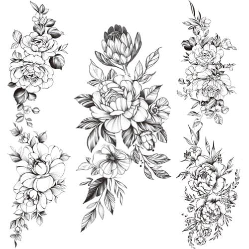 Black Sweatpea Temporary Tattoo For Women Girls Leaf Lily Flower Tattoos Sticker Daisy Camellia Fake Waterproof Tatoo Chest Back