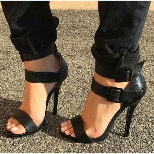 Black Leather Buckles Women Open Toe Sandals Summer Hot Ladies Cut Out Style High Heels Fashion Party Stiletto Dress Shoes
