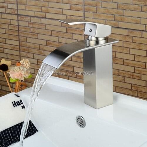 GIZERO Free shipping Newly Brushed Nickle Finish Deck Mounted Single Handle Square Waterfall Mixer Basin Faucet Tap China GI878
