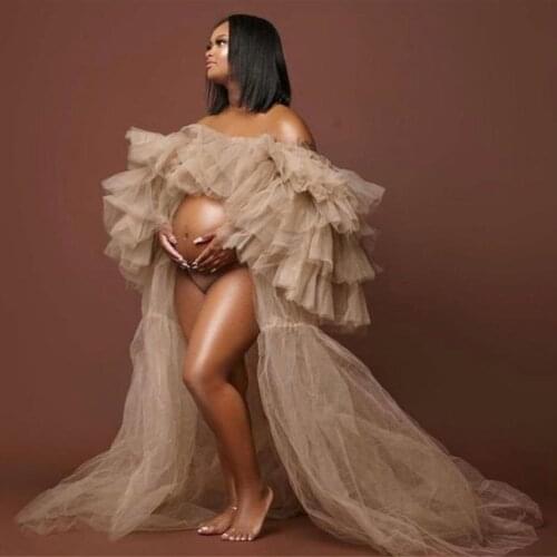 Khaki Maternity Dresses A Line Tulle Prom Maternity Gown for Photoshoot Boudoir Lingerie Tulle Bathrobe Nightwear